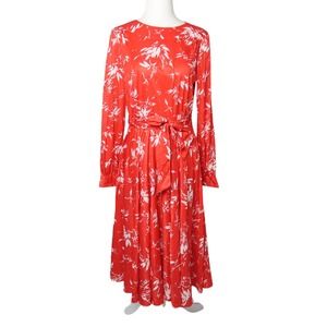 Vintage 70s red and white tropical leaf print aline midi dress S